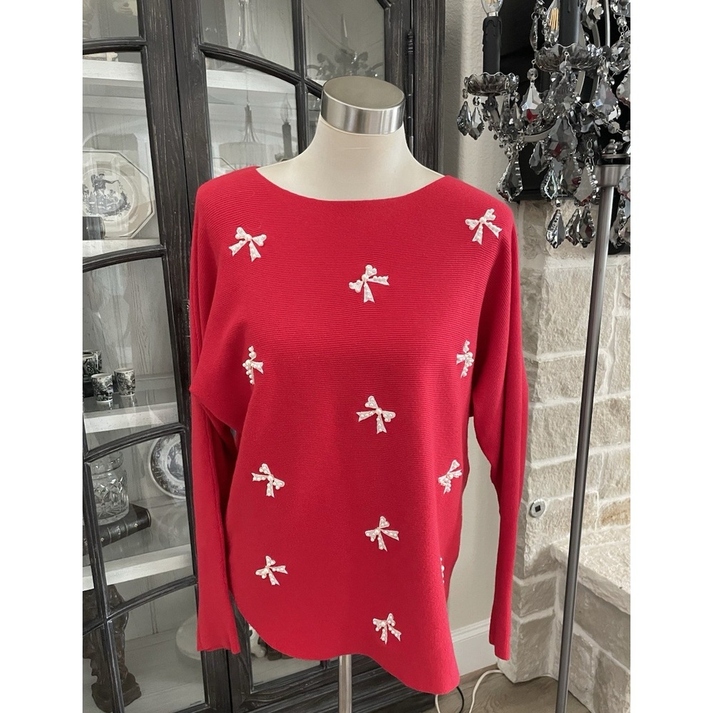Vtg Liv Milano Sweater Womens M‎ Red  White Pearl Bows  Comfort Holiday